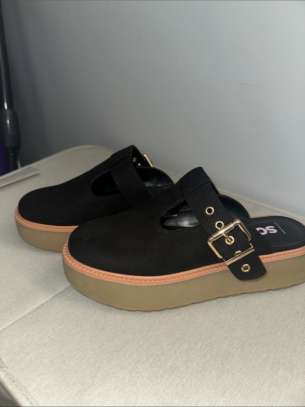SO Black Suede Platform Clog Mules with Tan Sole and Gold Buckle